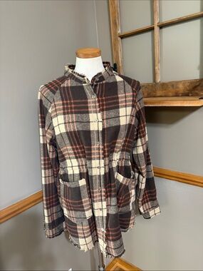 Mazik Brown & Cream Plaid Button-Front jacket Shacket with tie waist size medium